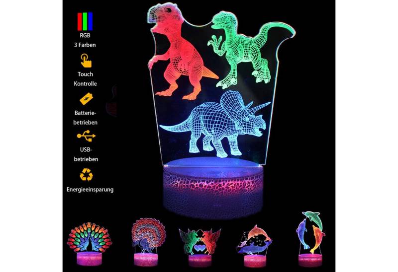 Jibenhome LED Dekolicht Nachtlicht 3D Illusion Nachtlampe Touch Control USB-/batteriebetrieben, Bunter Dinosaurier, LED fest integriert, für Kinderfreunde von Jibenhome