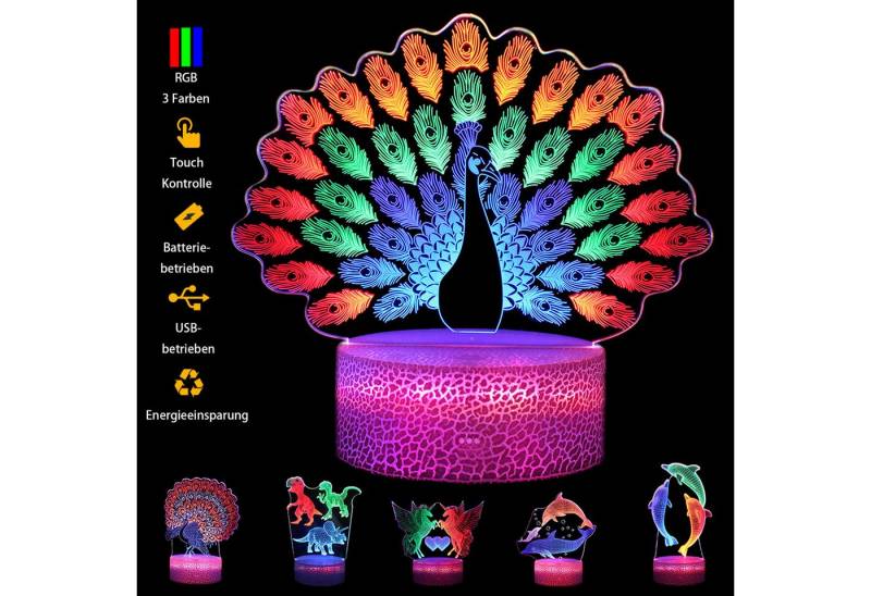 Jibenhome LED Dekolicht Nachtlicht 3D Illusion Nachtlampe Touch Control USB-/batteriebetrieben, Bunter Pfau A, LED fest integriert, für Kinderfreunde von Jibenhome