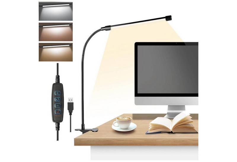 Jibenhome LED Klemmleuchte LED-Schreibtischlampe USB-Betrieben,3 Modi,LED-Leselampe, 360°-Schwanenhals, LED fest integriert, 3 Lichtmodi und 10 Helligkeitsstufen von Jibenhome