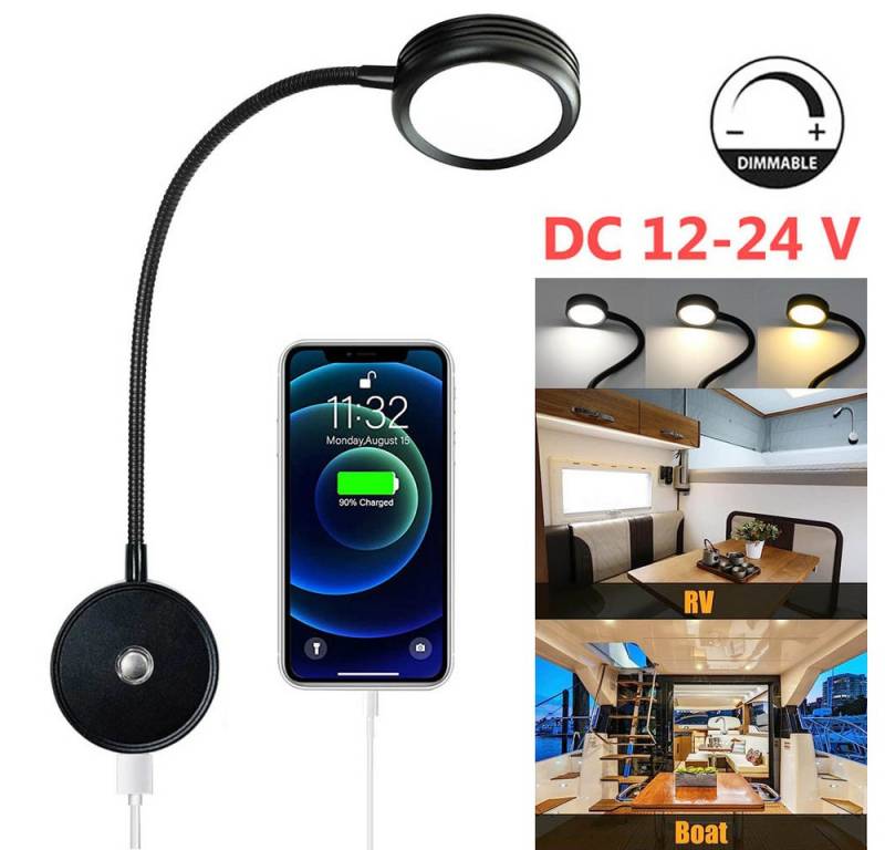 Jibenhome LED Leselampe Schwanenhals Lampe Wandmontage Schwarz LED Bettleuchte RV Leseleuchte, 12-24V 3Farbmodi Dimmbare für Wohnmobile Boot mit USB-Ladeanschluss 3W Jibenhome LED Leselampe Schwanenhals Lampe Wandmontage Schwarz LED Bettleuchte RV Leseleuchte, 12-24V 3Farbmodi Dimmbare für Wohnmobile Boot mit USB-Ladeanschluss 3W von Jibenhome