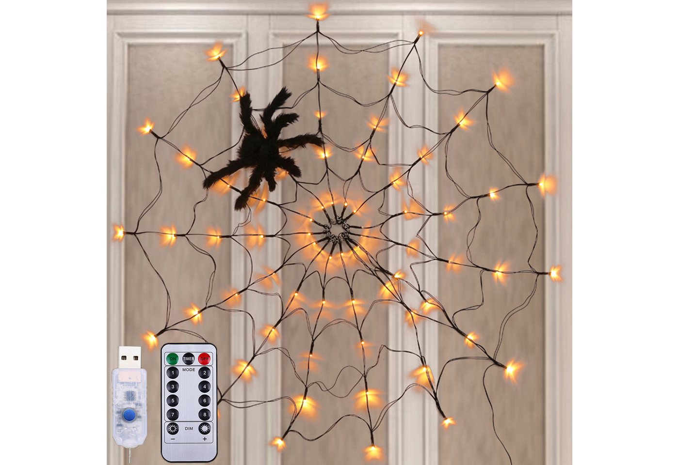 Jibenhome LED-Lichternetz LED Spinnennetz-Licht Halloween mit Fernbedienung & Timer, IP65, 8 Modi, Warmweiße LED Lichterkette für Garten, Party & Spukhaus von Jibenhome