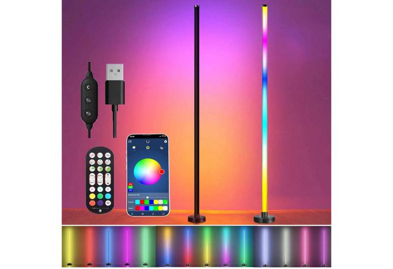 Jibenhome LED Lichtleiste LED Tischleuchte RGB Stehlampe 20W, Fernbedienung, 3 Abschnitte Spleißen, USB-2 Stück, LED fest integriert, Musik-Sync & Dimmbar Ecklampe Ambientelicht von Jibenhome