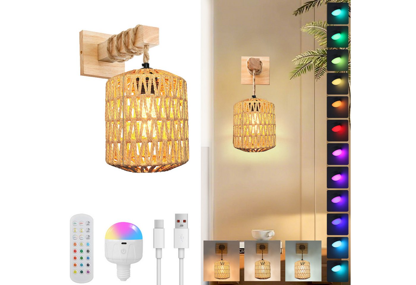 Jibenhome LED Nachtlicht Boho Rattan Wandleuchte Farmhouse mit E27 Leuchtmittel, RGB, LED fest integriert, Wandlampe aus Holz,Vintage Deko Lampe für Wand & Nachttisch Jibenhome LED Nachtlicht Boho Rattan Wandleuchte Farmhouse mit E27 Leuchtmittel, RGB, LED fest integriert, Wandlampe aus Holz,Vintage Deko Lampe für Wand & Nachttisch von Jibenhome