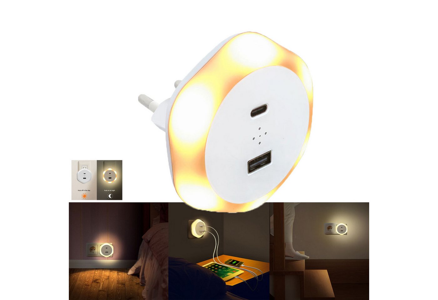 Jibenhome LED Nachtlicht LED Nachtlicht mit Steckdose, USB-Anschluss/Type-C mit Ladefunktion, 1 Stück, LED fest integriert, Dämmerungssensor Nachtlampe, Warmweiß Jibenhome LED Nachtlicht LED Nachtlicht mit Steckdose, USB-Anschluss/Type-C mit Ladefunktion, 1 Stück, LED fest integriert, Dämmerungssensor Nachtlampe, Warmweiß von Jibenhome