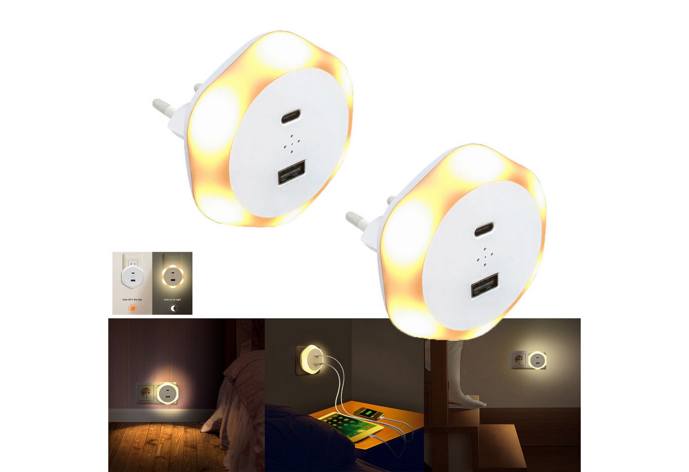 Jibenhome LED Nachtlicht LED Nachtlicht mit Steckdose, USB-Anschluss/Type-C mit Ladefunktion, 2 Stück, LED fest integriert, Dämmerungssensor Nachtlampe, Warmweiß Jibenhome LED Nachtlicht LED Nachtlicht mit Steckdose, USB-Anschluss/Type-C mit Ladefunktion, 2 Stück, LED fest integriert, Dämmerungssensor Nachtlampe, Warmweiß von Jibenhome