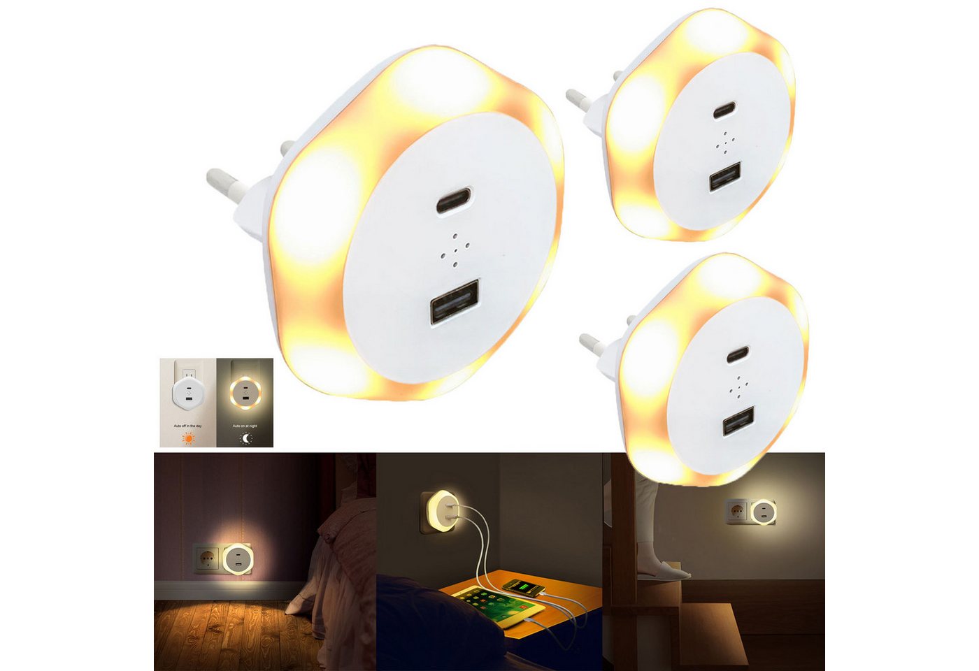 Jibenhome LED Nachtlicht LED Nachtlicht mit Steckdose, USB-Anschluss/Type-C mit Ladefunktion, 3 Stück, LED fest integriert, Dämmerungssensor Nachtlampe, Warmweiß Jibenhome LED Nachtlicht LED Nachtlicht mit Steckdose, USB-Anschluss/Type-C mit Ladefunktion, 3 Stück, LED fest integriert, Dämmerungssensor Nachtlampe, Warmweiß von Jibenhome