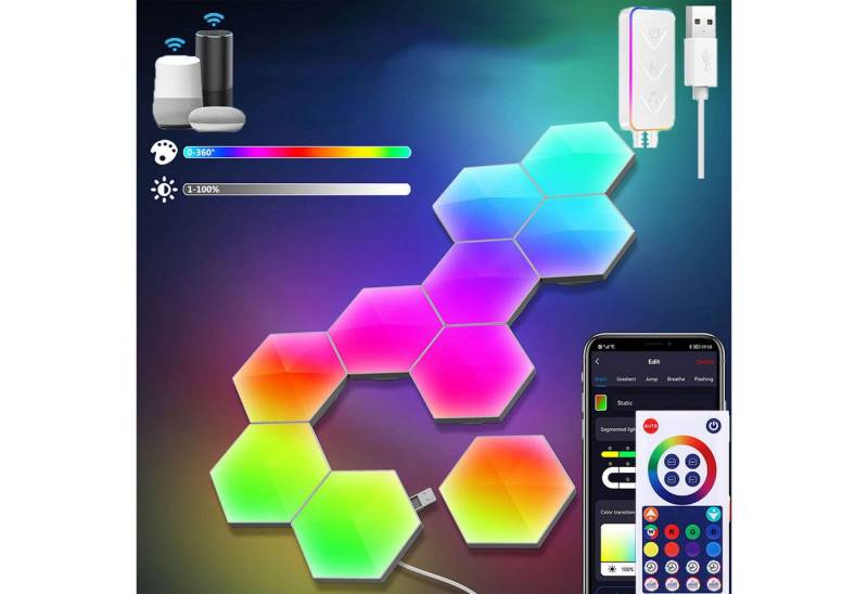 Jibenhome LED Panel Intelligente Sechseckige Wandlampe WLAN, Hexagons Gaming-Nachtlicht, RGB, LED fest integriert, mit Alexa Google Assistant,Musiksynch von Jibenhome