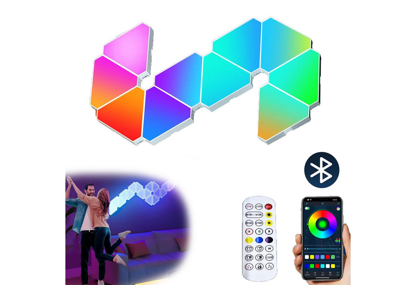 Jibenhome LED Panel LED Dreiecke Wandleuchte MusikSync Timer,Echte RGB Gaming Beleuchtung, Bluetooth-10 Panels, LED fest integriert, LED Panel Wand mit Fernbedienung & App-Steuerung von Jibenhome