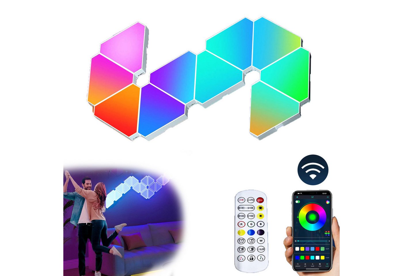 Jibenhome LED Panel LED Dreiecke Wandleuchte MusikSync Timer,Echte RGB Gaming Beleuchtung, WIFI-10 Panels, LED fest integriert, LED Panel Wand mit Fernbedienung & App-Steuerung von Jibenhome
