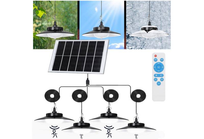 Jibenhome LED Solarleuchte 1/2/3/4 Kopf LED Außen Solar Pendelleuchte 5 Modi mit Fernbedienung, 4 Kopf, LED fest integriert, Jeder Lampenkopf mit 5 m Verlängerungskabel, mit Bewegungssensor von Jibenhome
