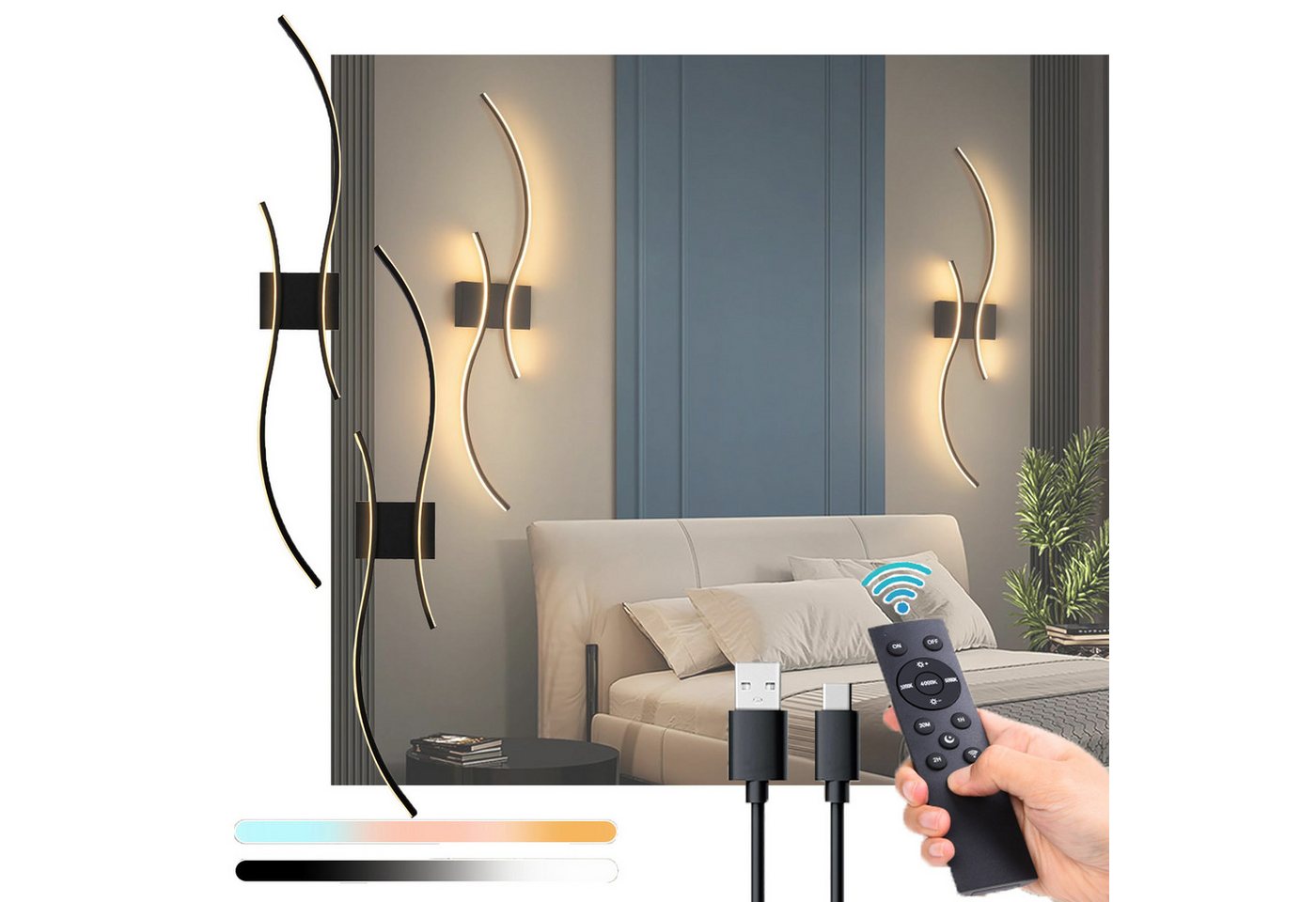 Jibenhome LED Spiegelleuchte Gebogene LED-Wandleuchte Akku, Moderne Schwarz Wandlampe, Fernbedienung, Fernbedienung,3000-6000K, LED fest integriert, 3 Farbtemperaturen, Dimmbar, Timer, Innenbereich Jibenhome LED Spiegelleuchte Gebogene LED-Wandleuchte Akku, Moderne Schwarz Wandlampe, Fernbedienung, Fernbedienung,3000-6000K, LED fest integriert, 3 Farbtemperaturen, Dimmbar, Timer, Innenbereich von Jibenhome