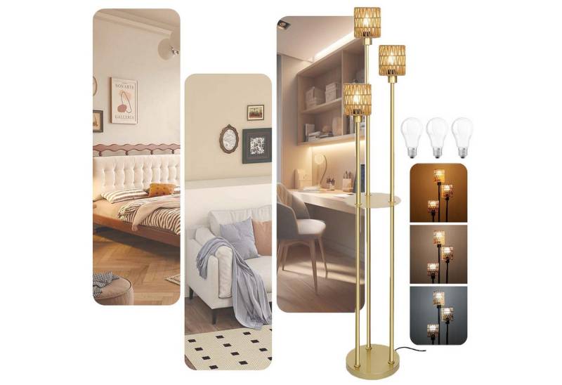 Jibenhome LED Stehlampe 40W Rattan Stehlampe 3 kopf Leuchtmittel,  Dimmbar, Fußschalter & Regal, Gold, LED fest integriert, Boho Standleuchte Leselampe für Schlafzimmer Kinderzimmer Büro Jibenhome LED Stehlampe 40W Rattan Stehlampe 3 kopf Leuchtmittel,  Dimmbar, Fußschalter & Regal, Gold, LED fest integriert, Boho Standleuchte Leselampe für Schlafzimmer Kinderzimmer Büro von Jibenhome