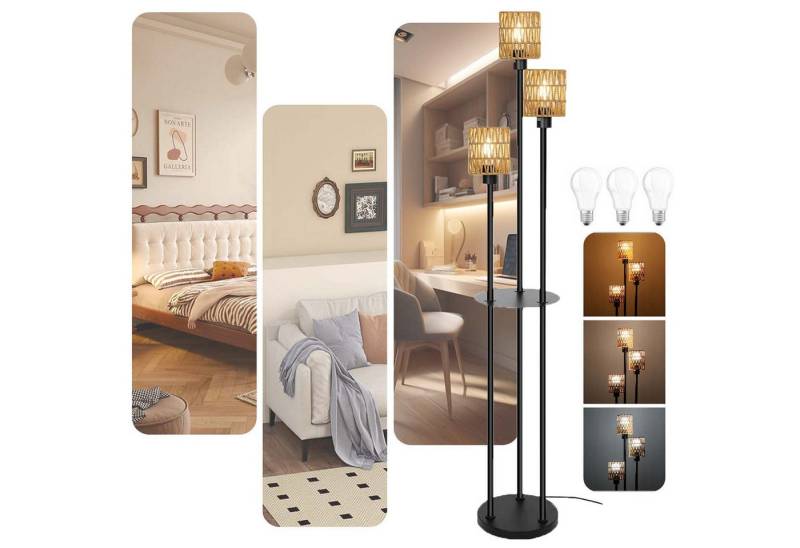 Jibenhome LED Stehlampe 40W Rattan Stehlampe 3 kopf Leuchtmittel,  Dimmbar, Fußschalter & Regal, Schwarz, LED fest integriert, Boho Standleuchte Leselampe für Schlafzimmer Kinderzimmer Büro Jibenhome LED Stehlampe 40W Rattan Stehlampe 3 kopf Leuchtmittel,  Dimmbar, Fußschalter & Regal, Schwarz, LED fest integriert, Boho Standleuchte Leselampe für Schlafzimmer Kinderzimmer Büro von Jibenhome