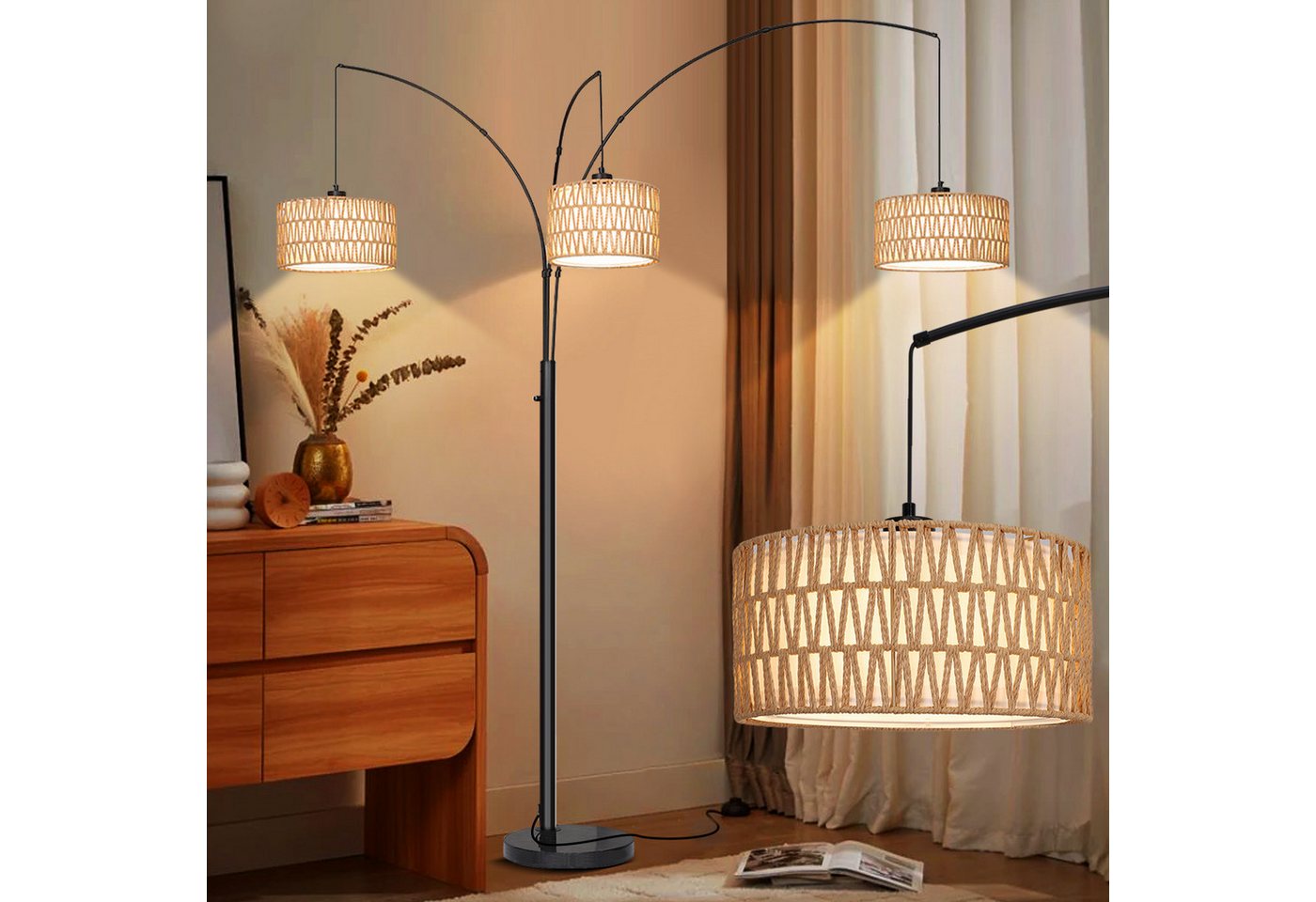 Jibenhome LED Stehlampe Boho Stehlampe mit Rattan & Stoff Doppelschirm, Moderne schwarze Stehlampe Hohe Stehlampen mit 3 LED Birnen Jibenhome LED Stehlampe Boho Stehlampe mit Rattan & Stoff Doppelschirm, Moderne schwarze Stehlampe Hohe Stehlampen mit 3 LED Birnen von Jibenhome