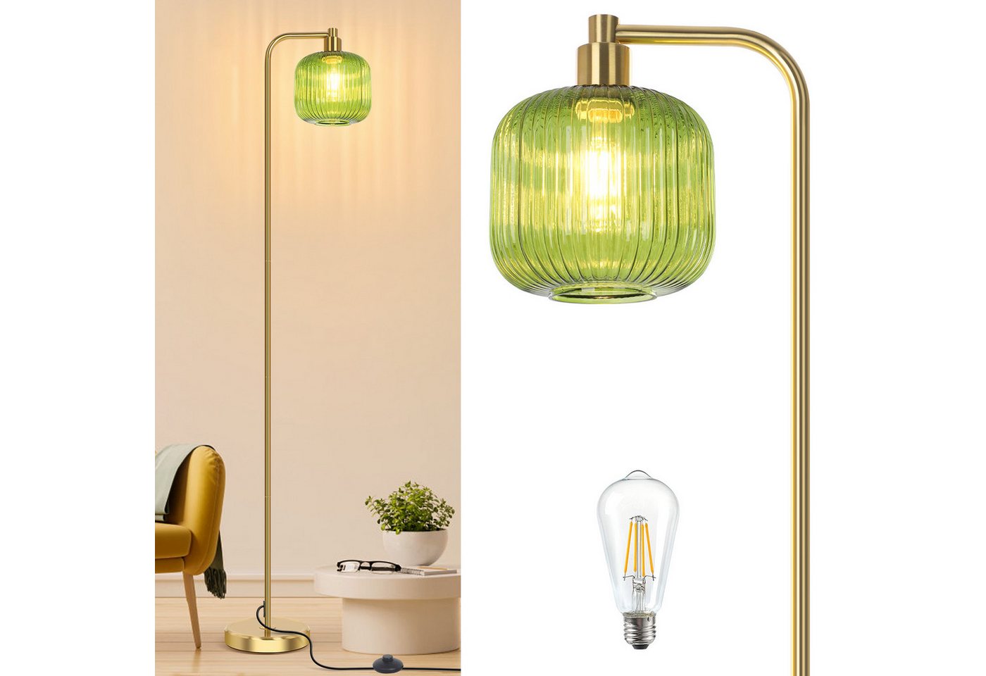 Jibenhome LED Stehlampe Glas Stehlampe Wohnzimmer,Vintage Stehleuchte mit Fußschalter,170cm, LED wechselbar, mit 6W Glühbirne,Glasschirmen,für Schlafzimmer Büro Kinderzimmer Jibenhome LED Stehlampe Glas Stehlampe Wohnzimmer,Vintage Stehleuchte mit Fußschalter,170cm, LED wechselbar, mit 6W Glühbirne,Glasschirmen,für Schlafzimmer Büro Kinderzimmer von Jibenhome