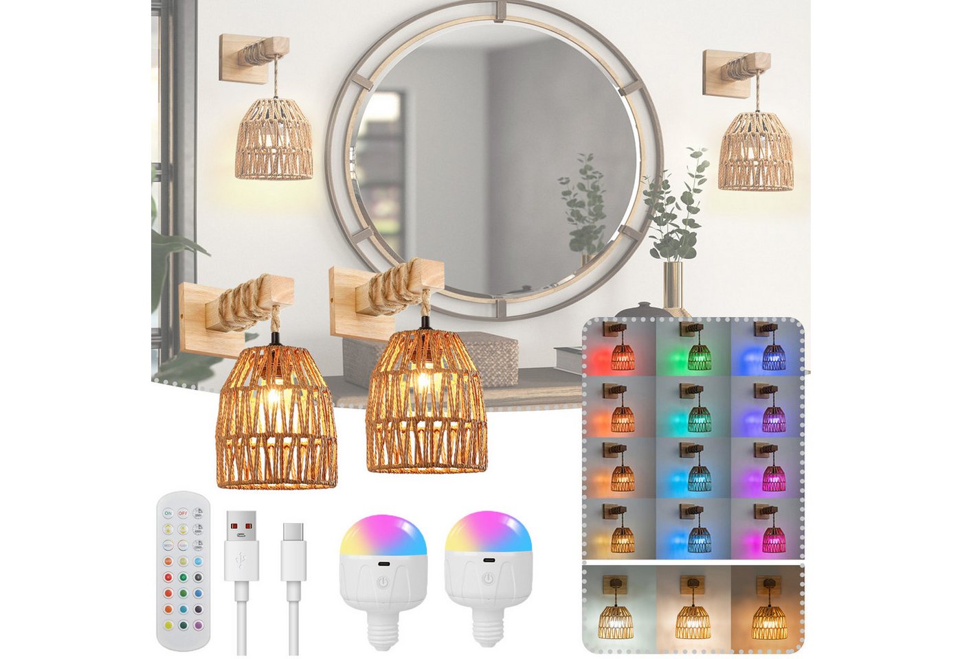 Jibenhome LED Wandleuchte Rattan Wandleuchte Batteriebetriebe,RGB Dimmbar,Akku E27 Glühbirne, 2 Stücke,Fernbedienung, LED fest integriert, Boho Wandlampe Timer und Memory-Funktion Jibenhome LED Wandleuchte Rattan Wandleuchte Batteriebetriebe,RGB Dimmbar,Akku E27 Glühbirne, 2 Stücke,Fernbedienung, LED fest integriert, Boho Wandlampe Timer und Memory-Funktion von Jibenhome