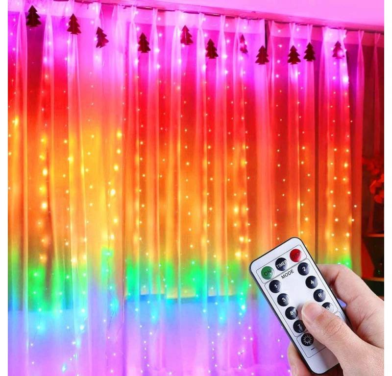 Jibenhome Lichtervorhang Rainbow LED Fensterlichtvorhang mit Fernbedienung,8 Modi Lichterkette, USB Wanddekoration 1.5x2 m/3x2.8 m, 8 Lichtmodi & 4 Musikmodi, Timer von Jibenhome