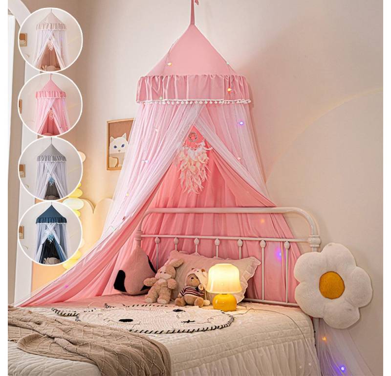 Jibenhome Moskitonetz Doppelschicht Betthimmel Babybett Baldachin Hängevorhang für Babys, Kinder Moskitonetze mit Pompon Bettvorhang für Kinderzimmer, Spielen von Jibenhome