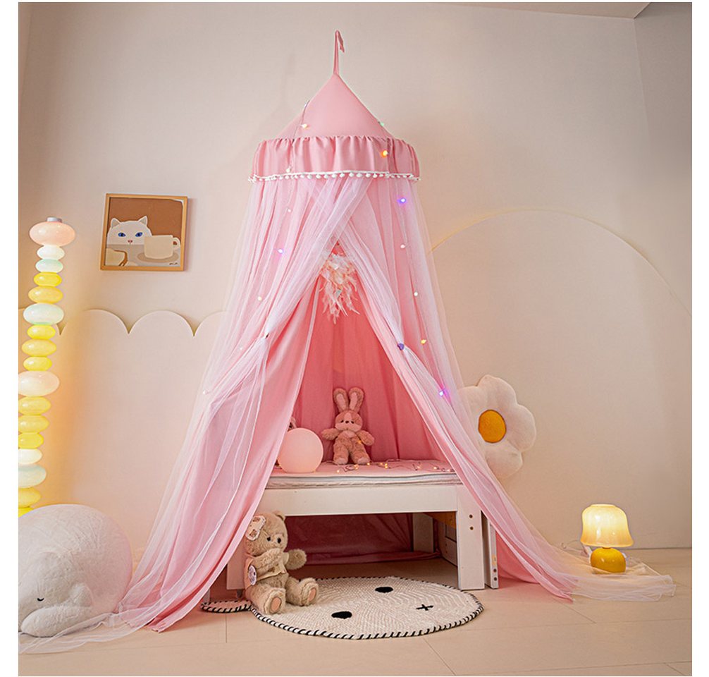 Jibenhome Moskitonetz Doppelschicht Moskitonetz, Bett Baldachin, Lichtblockierung Kuppel, Faltbares Pompon Moskitonetz Bett für Kinderzimmer von Jibenhome