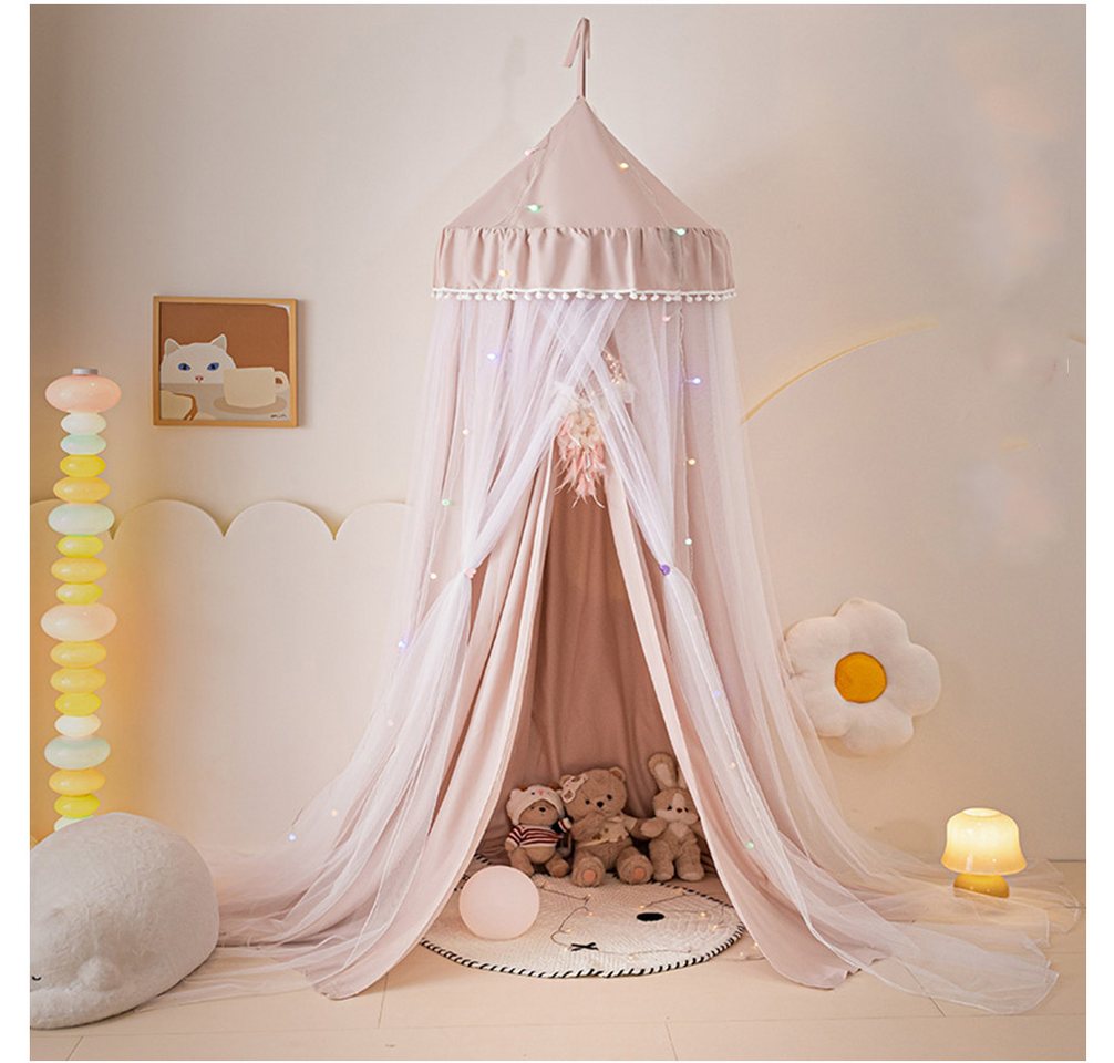 Jibenhome Moskitonetz Doppelschicht Moskitonetz, Bett Baldachin, Lichtblockierung Kuppel, Faltbares Pompon Moskitonetz Bett für Kinderzimmer von Jibenhome