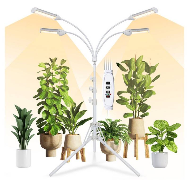 Jibenhome Pflanzenlampe Wasserdicht LED Pflanzenlicht Vollspektrum Sonnenlicht mit Ständer, Dimmbar 4 Kopf 360 LEDs 3000K Wachstumslampe mit Zeitschaltuhr von Jibenhome