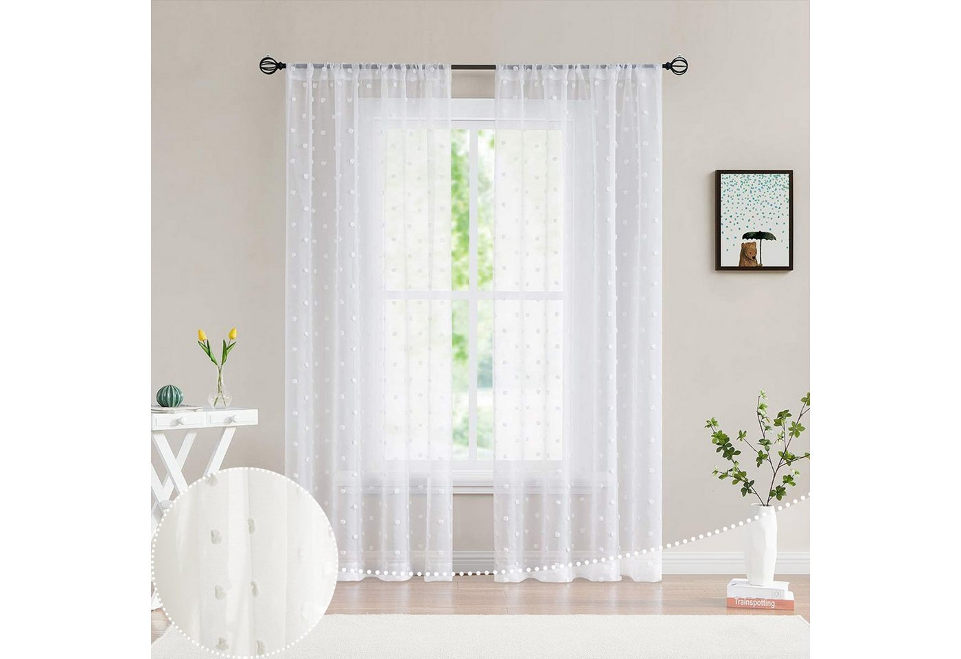 Jibenhome Scheibengardine Voile Gardine Weiß Pom-Pom Vorhang Transparenter Fenstervorhang, (2 St), Boho Vorhänge,für Wohnzimmer, Schlafzimmer von Jibenhome