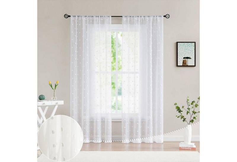 Jibenhome Scheibengardine Voile Gardine Weiß Pom-Pom Vorhang Transparenter Fenstervorhang, (2 St), Boho Vorhänge,für Wohnzimmer, Schlafzimmer von Jibenhome