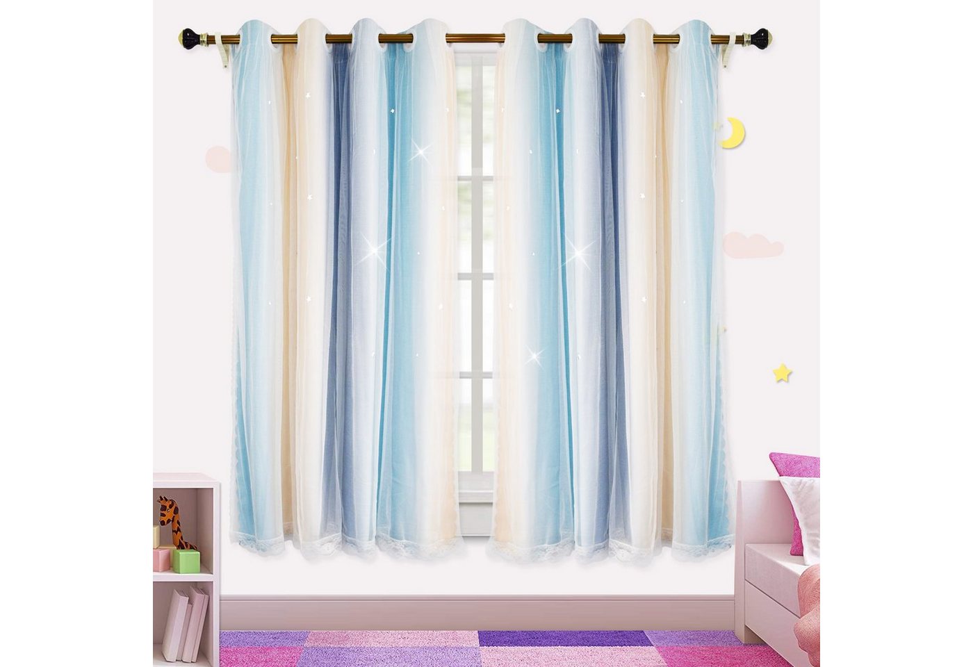 Jibenhome Schiebegardine 1/2 Paneele Doppelschicht Verdunkelungsvorhang Ösen (2 St), mit Sternen & Schleife von Jibenhome