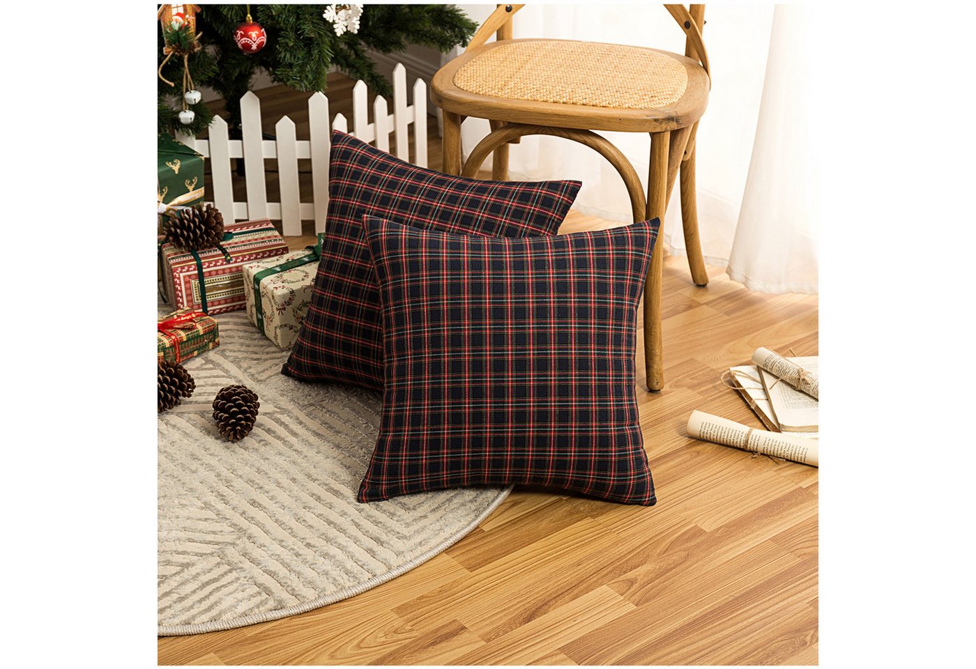 Jibenhome Sofaschoner Sofaschoner Sofahusse WeihnachtsKariert Sofadecke und Dekokissen, Weihnachtskarierte Weich Wohndecke mit Quasten und Kissenbezug von Jibenhome