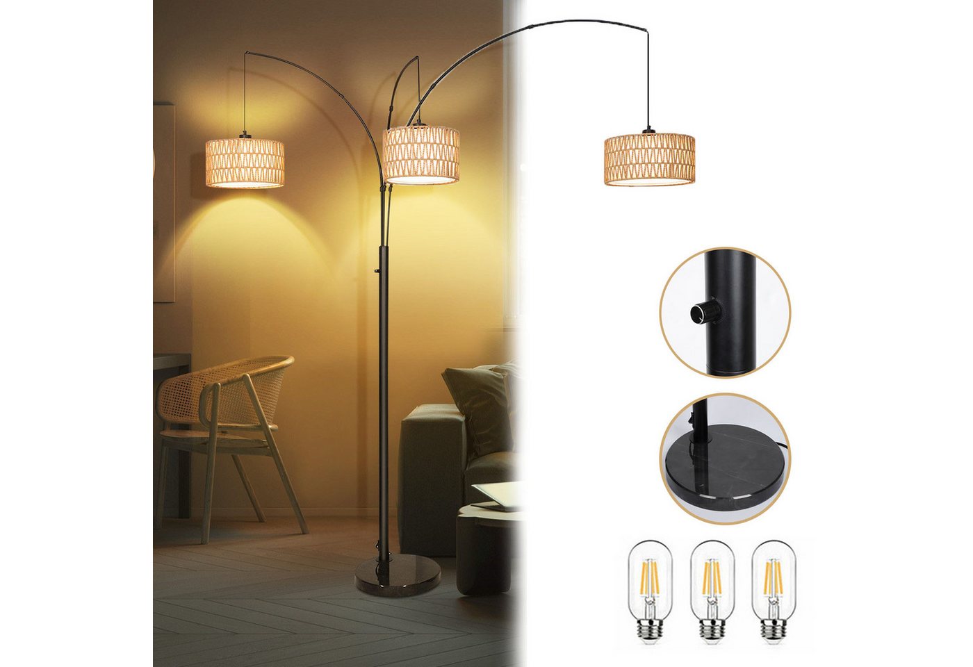Jibenhome Stehlampe Moderne 3-armige Stehleuchte Rattan, Wohnzimmer Lampe, mit 3 Leuchtmittel, LED fest integriert, Baumlampe mit Vierstellungsschalter, Verstellbarer Höhe, Gewichtetem Fuß Jibenhome Stehlampe Moderne 3-armige Stehleuchte Rattan, Wohnzimmer Lampe, mit 3 Leuchtmittel, LED fest integriert, Baumlampe mit Vierstellungsschalter, Verstellbarer Höhe, Gewichtetem Fuß von Jibenhome