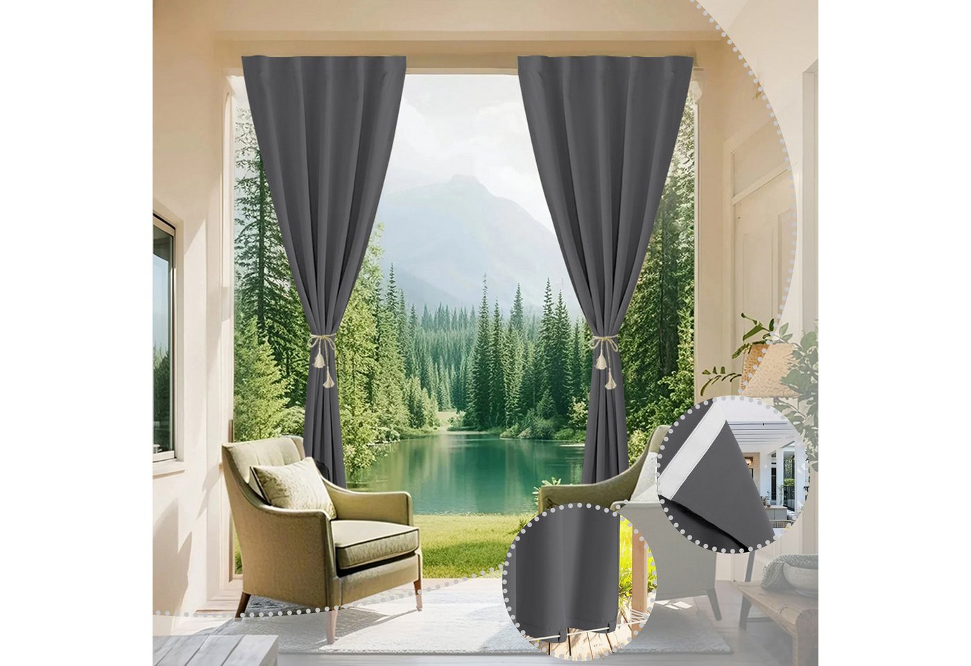 Jibenhome Vorhang Terrassenvorhang Wasserabweisend, Vorhang Blickdicht Outdoorvorhang (2 St), Magic Tape von Jibenhome