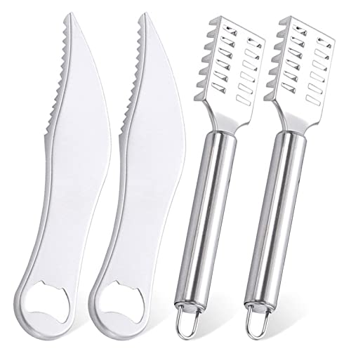 Jicyor 4 Stück Fischentschupper Fischmesser Set, Fischschuppen Entferner Edelstahl, Fischschuppen Entferner mit Edelstahl Sägezahnen,Profi Fisch Scaler Scraper Fischschaber Küchenhelfer von Jicyor