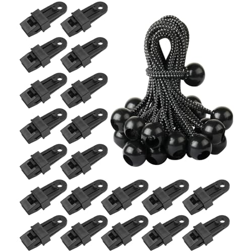 Jicyor 40 Stück Planenspanner Planenclips Set, Planenbefestigung Befestigungsclips, 20 Schwerlastplanen Clips und 20 Spanngummis mit Kugel für Campingzelte und Abdeckung(Schwarz) von Jicyor