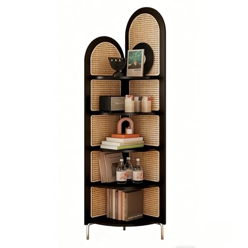 Jidanmian 183 cm Eckregal, 5-stöckiges Rattan-Bücherregal, freistehendes Eckregal mit Metallfüßen, rustikales Bücherregal für Schlafzimmer, Wohnzimmer, Home Office(Black) von Jidanmian