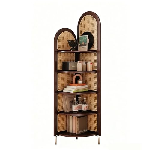Jidanmian 183 cm Eckregal, 5-stöckiges Rattan-Bücherregal, freistehendes Eckregal mit Metallfüßen, rustikales Bücherregal für Schlafzimmer, Wohnzimmer, Home Office(Walnut) von Jidanmian
