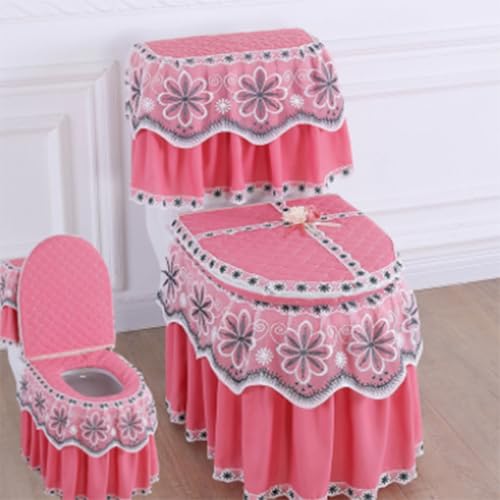 Jidanmian 3-teiliges Bezugsset für Toilettensitz, Spülkasten und Deckel, Toilettenmatte mit Samtstickerei und Spitze, weicher, Dicker Toilettensitzbezug für alle Jahreszeiten(E) von Jidanmian