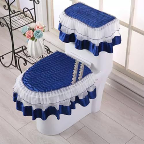 Jidanmian 3-teiliges Toilettensitz-Set, dickeres Spitzen-WC-Sitzkissen, atmungsaktiv und bequem, inklusive Toilettensitzbezug/Deckelbezug/Tankbezug-Set, für alle Jahreszeiten(Blue,Without Pockets) von Jidanmian
