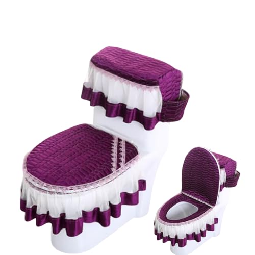 Jidanmian 3-teiliges Toilettensitz-Set, dickeres Spitzen-WC-Sitzkissen, atmungsaktiv und bequem, inklusive Toilettensitzbezug/Deckelbezug/Tankbezug-Set, für alle Jahreszeiten(Purple,with Pockets) von Jidanmian