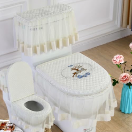 Jidanmian 3-teiliges Toilettensitzbezug-Set, Doppelreißverschluss-Toilettenmatte aus Samtspitze, weicher Toilettendeckel, Toilettenspülkasten und Sitzbezug, für alle Jahreszeiten(C) von Jidanmian