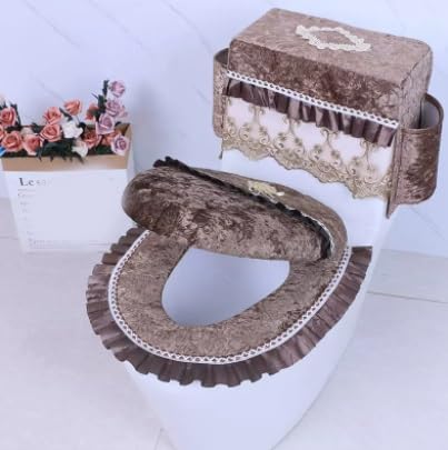 Jidanmian 3-teiliges Toilettensitzbezug-Set, Toilettenmatte mit Samtstickerei und 2 Taschen, Besticktes Badezimmerdekor, Toilettensitzbezug/Deckelbezug/Spülkastenbezug-Set(Brown) von Jidanmian