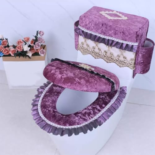 Jidanmian 3-teiliges Toilettensitzbezug-Set, Toilettenmatte mit Samtstickerei und 2 Taschen, Besticktes Badezimmerdekor, Toilettensitzbezug/Deckelbezug/Spülkastenbezug-Set(Purple) von Jidanmian