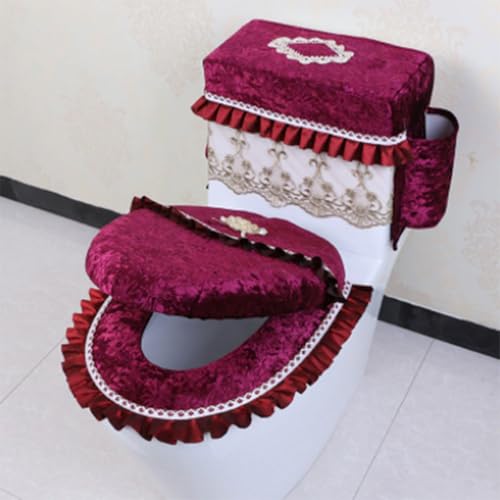 Jidanmian 3-teiliges Toilettensitzbezug-Set, Toilettenmatte mit Samtstickerei und 2 Taschen, Besticktes Badezimmerdekor, Toilettensitzbezug/Deckelbezug/Spülkastenbezug-Set(Red) von Jidanmian