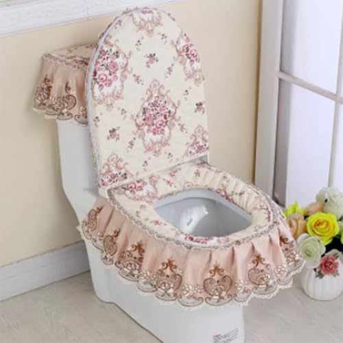 Jidanmian 3PCS Toilet Seat Cover Set,Velvet Embroidery Lace Toilet Mat,Warmer Comfortable, with Elastic Ties,Toilet Seat Cover/Lid Cover/Tank Cover Set(B) von Jidanmian