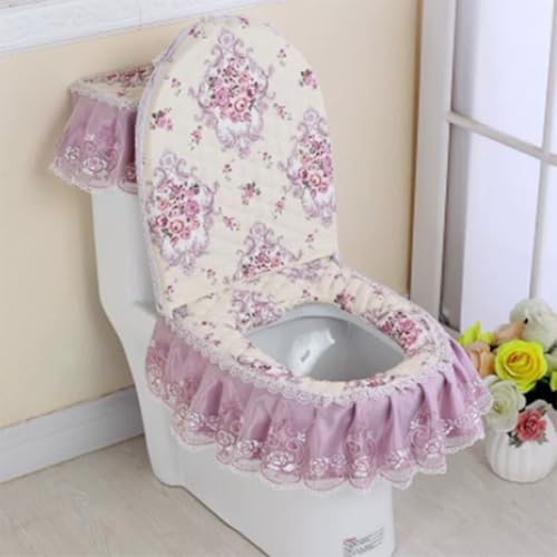 Jidanmian 3PCS Toilet Seat Cover Set,Velvet Embroidery Lace Toilet Mat,Warmer Comfortable, with Elastic Ties,Toilet Seat Cover/Lid Cover/Tank Cover Set(C) von Jidanmian