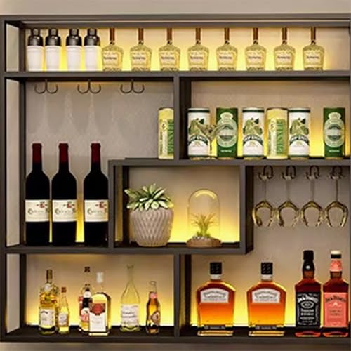 Jidanmian 4-stöckiges Wand-Flaschenregal mit LED-Beleuchtung, Industrie-Metallregal zur Präsentation von Spirituosenflaschen, Wand-Weinregal aus Eisen für Küche, Speisekammer(Black) von Jidanmian