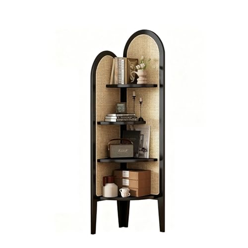 Jidanmian Eckregal aus Rattan mit 4 Ebenen, freistehendes Eckregal, schmales, fächerförmiges Bücherregal im Retro-Stil für Wohnzimmer, Schlafzimmer, Balkon, Büro(Black) von Jidanmian