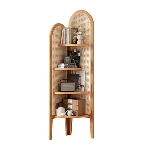 Jidanmian Eckregal aus Rattan mit 4 Ebenen, freistehendes Eckregal, schmales, fächerförmiges Bücherregal im Retro-Stil für Wohnzimmer, Schlafzimmer, Balkon, Büro(Natural) von Jidanmian