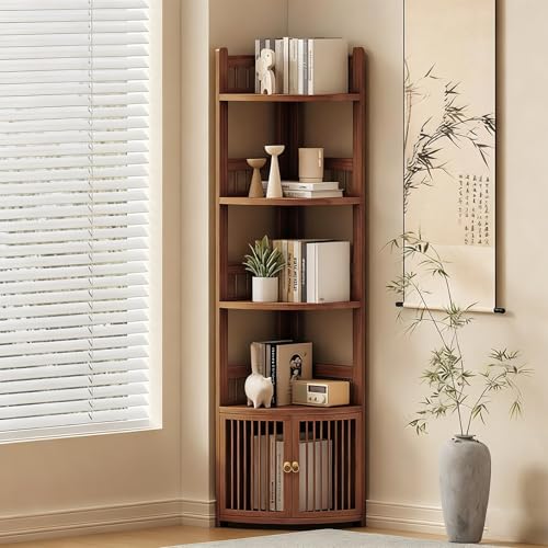 Jidanmian Eckregal mit 3/4/5 Ebenen, hohes Eckregal aus Bambus mit hohler Tür, platzsparendes, schmales Retro-Bücherregal für Schlafzimmer, Wohnzimmer und Home Office(5-Tier) von Jidanmian