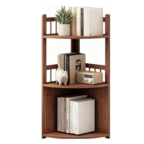Jidanmian Eckregal mit 3/4/5 Ebenen, modernes Eckregal aus Bambus,freistehendes,hoher fächerförmiger Organizer für kleine Räume, Wohnzimmer, Walnuss(3-Tier) von Jidanmian