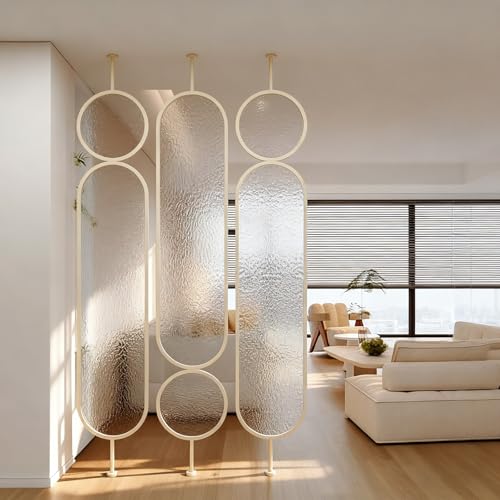 Jidanmian Moderner Raumteiler, Sichtschutz, Raumteiler aus gehärtetem Glas, cremefarbener, dekorativer, geriffelter, freistehender Metall-Raumteiler für Zuhause/Büro, 1 Platte(110cm/3.6ft) von Jidanmian